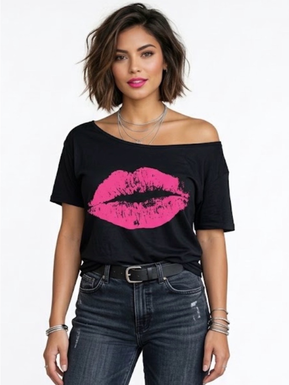 Black Pink Lips Graphic Off-the-Shoulder Tee - Size S